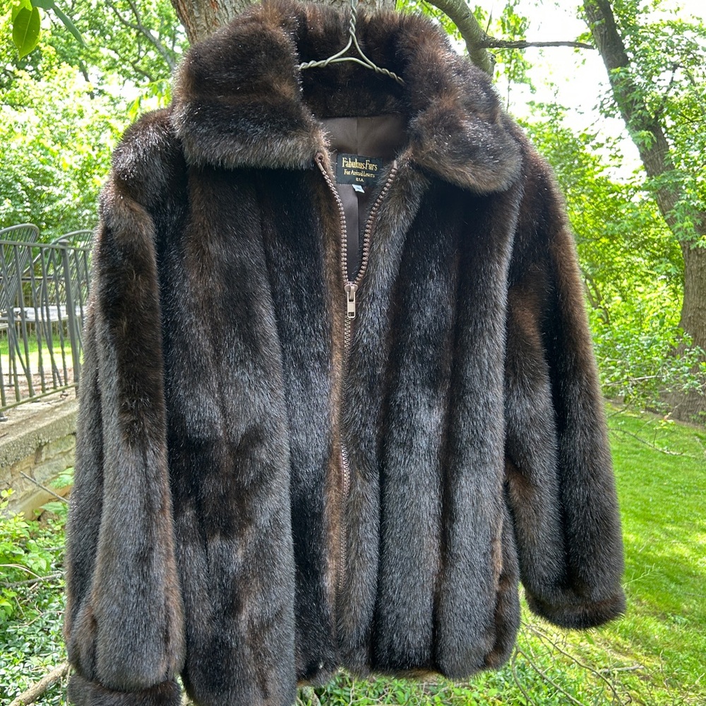 Fabulous Furs Dark Brown Faux Fur Modified Bomber Jacket   Faux Mink